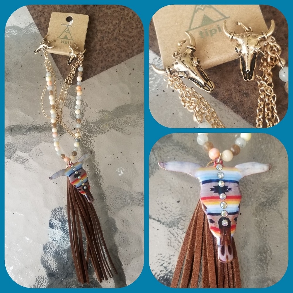🌈LAST 1 boho SteerHead Fringe Necklace Earring - Picture 4 of 7
